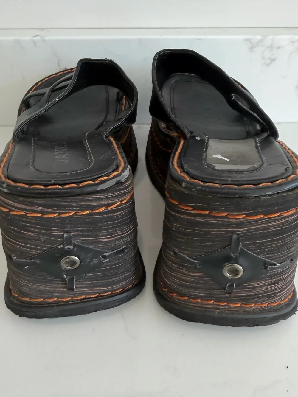 Vintage Jane C Chunky Wedge Sandals Gothic 90s Y2K Black Foam Faux Leather